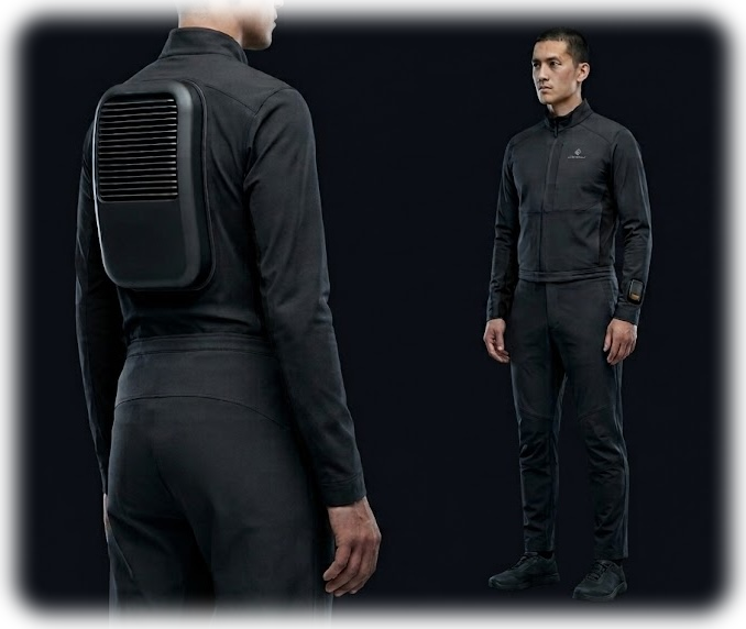 Groundsuit cooling system shown from the back, with the body-worn refrigeration module, and from the front